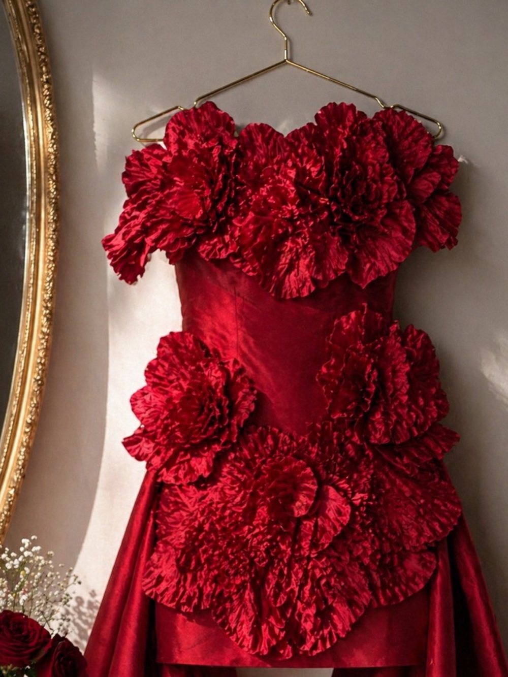 Red Satin Floral Appliqué Statement Mini Dress ❤️ BDAY/ Vaca / It-Girl Worn Once